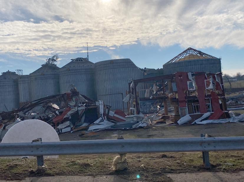 Damaged silos and surrounding buildings photographed during Patrick's December 21 visit to Mayfield.