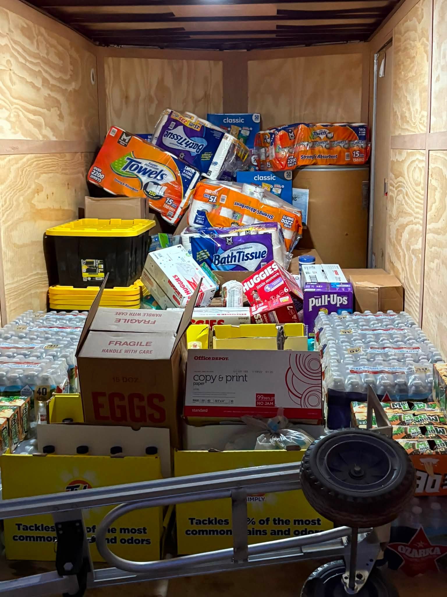 Water, diapers, paper goods, and household supplies loaded for Patrick’s Beaumont Trip #88.